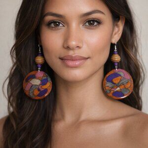 NWT Boho Abstract Hand Painted Wooden Statement Earrings Retro 70s Multicolor Da